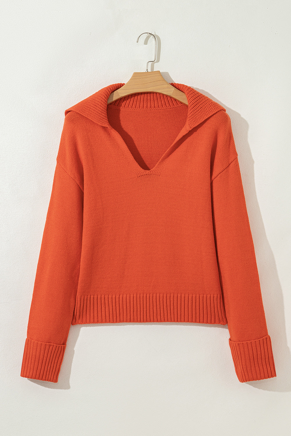 Chestnut Collared V Neck Ribbed Edge Sexy Elegant Sweater
