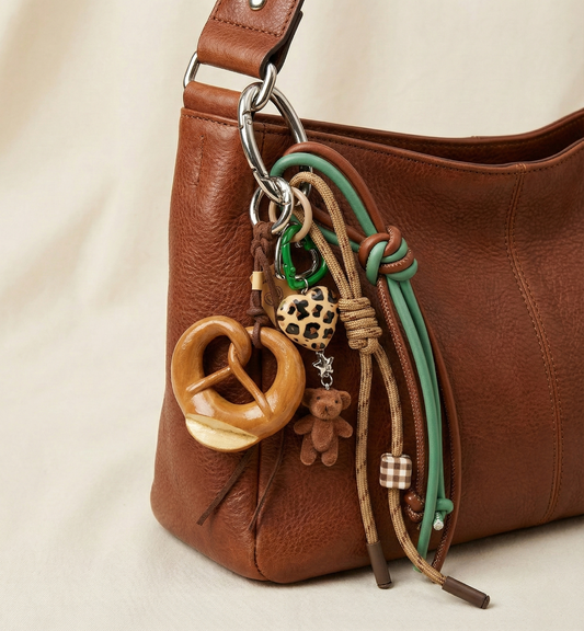 The "Snack Break" Eclectic Bag Charm – Pretzel, Bear & Heart