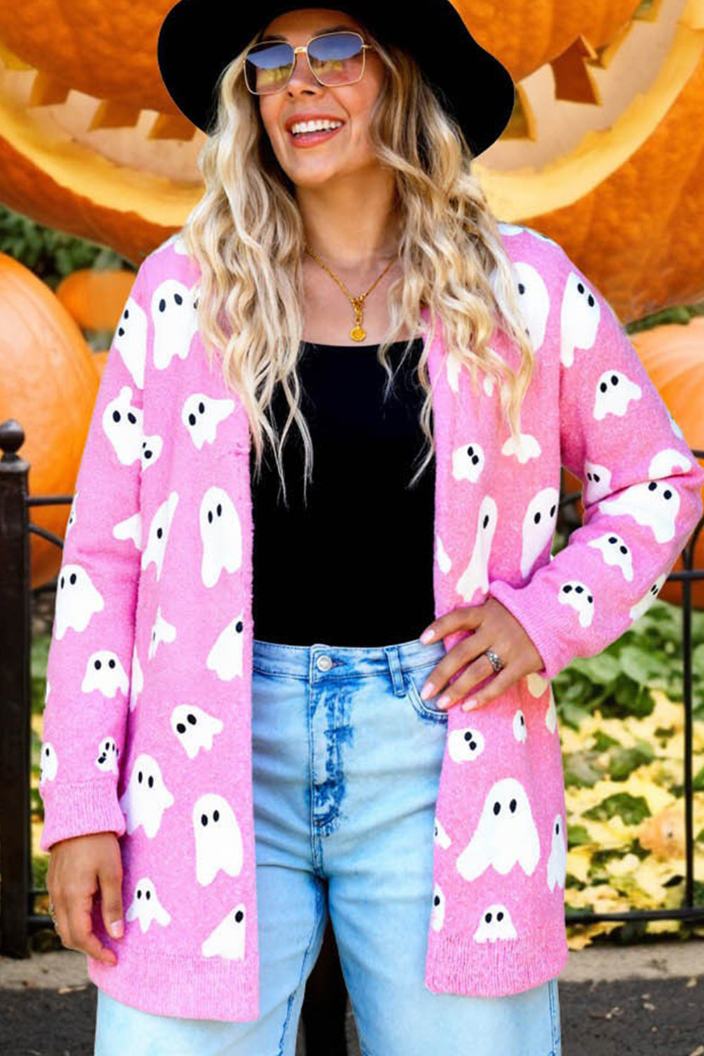Black Halloween Plaid Ghost Pattern Mid length Knitted Cardigan