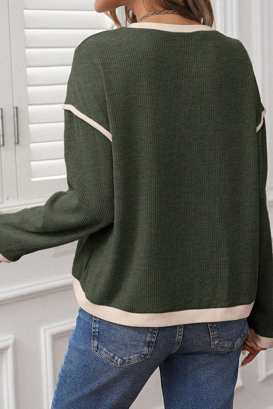 Four Leaf Clover Contrast Color Trim Knit Drop Shoulder Loose Top