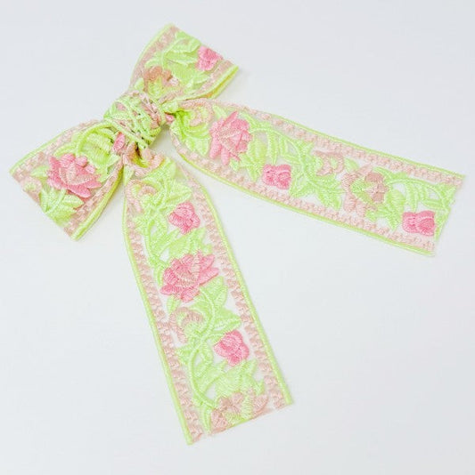 Floral Embroidered Bow Hair Clip – Cottagecore Ribbon Hair Accessory