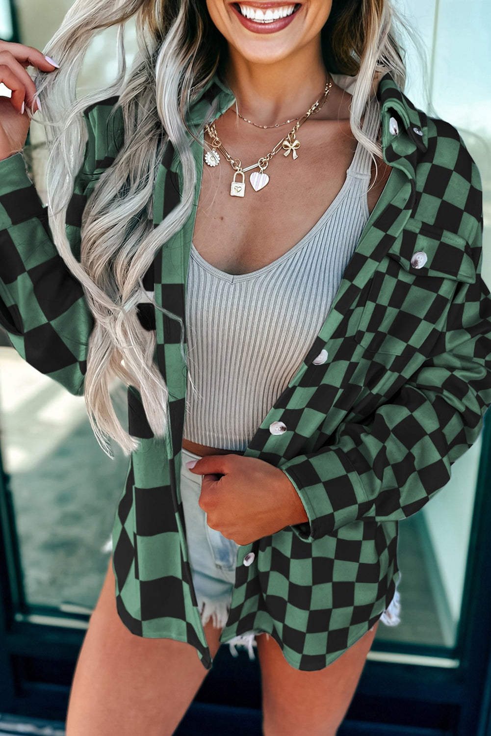 Black Checkerboard Flap Pocket Button Front Shacket