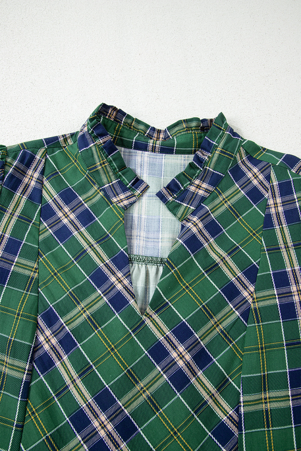 Green Plaid Print Frilly Collar Long Sleeve Shift Mini Dress