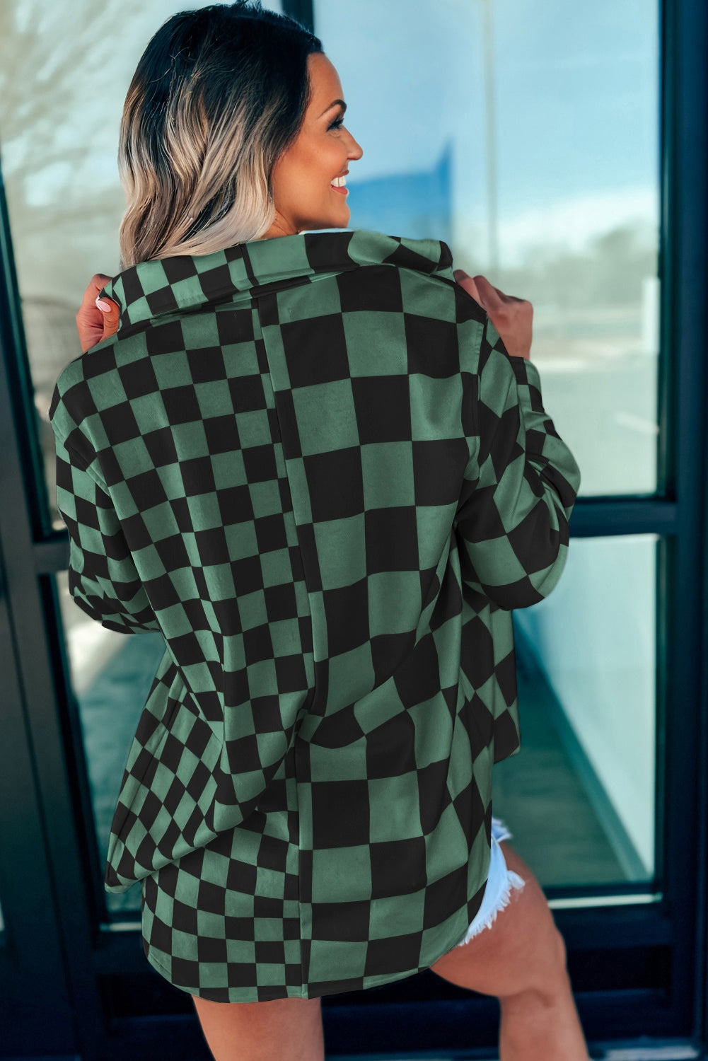 Black Checkerboard Flap Pocket Button Front Shacket