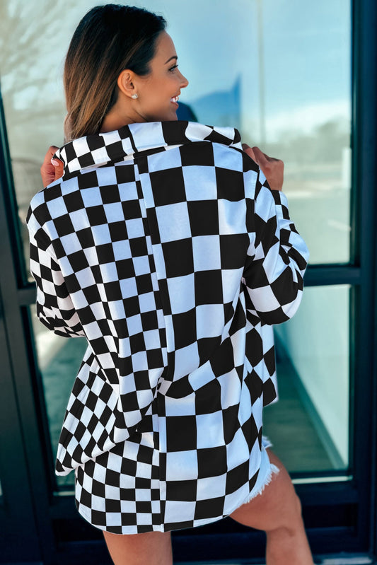 Black Checkerboard Flap Pocket Button Front Shacket