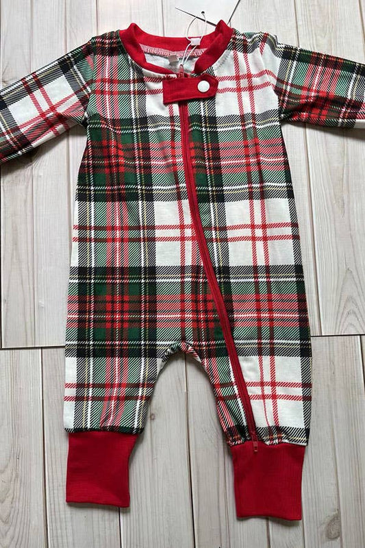 Red white green plaid long sleeve baby romper DLH2839