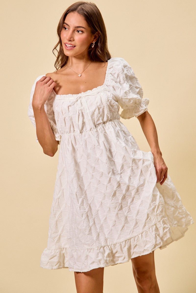 SO ME Texture Woven Ruching On Bust Mini Dress in White