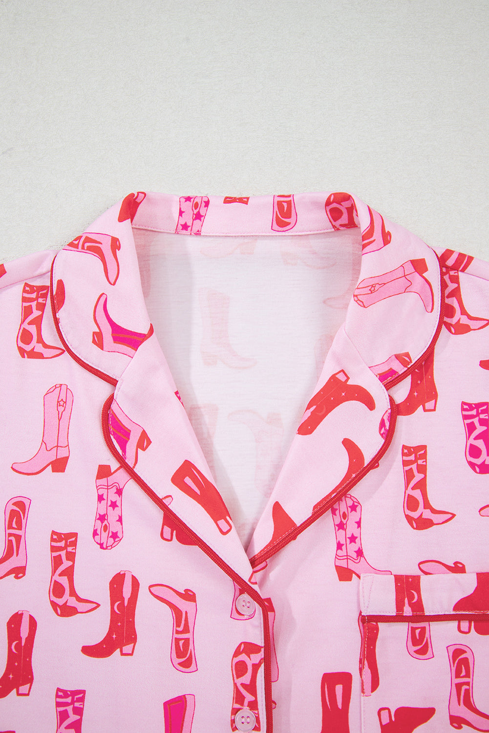 Pink Western Cowgirl Boots Printed Shirt Ruffled Shorts Pajama Set