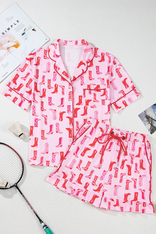 Pink Western Cowgirl Boots Printed Shirt Ruffled Shorts Pajama Set