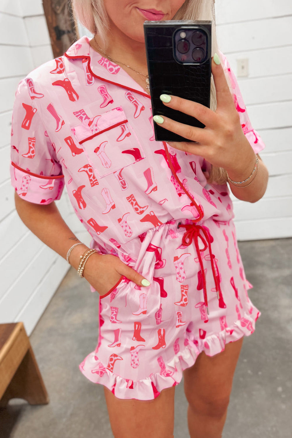 Pink Western Cowgirl Boots Printed Shirt Ruffled Shorts Pajama Set