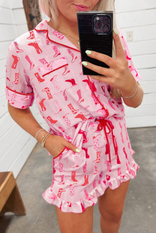 Pink Western Cowgirl Boots Printed Shirt Ruffled Shorts Pajama Set