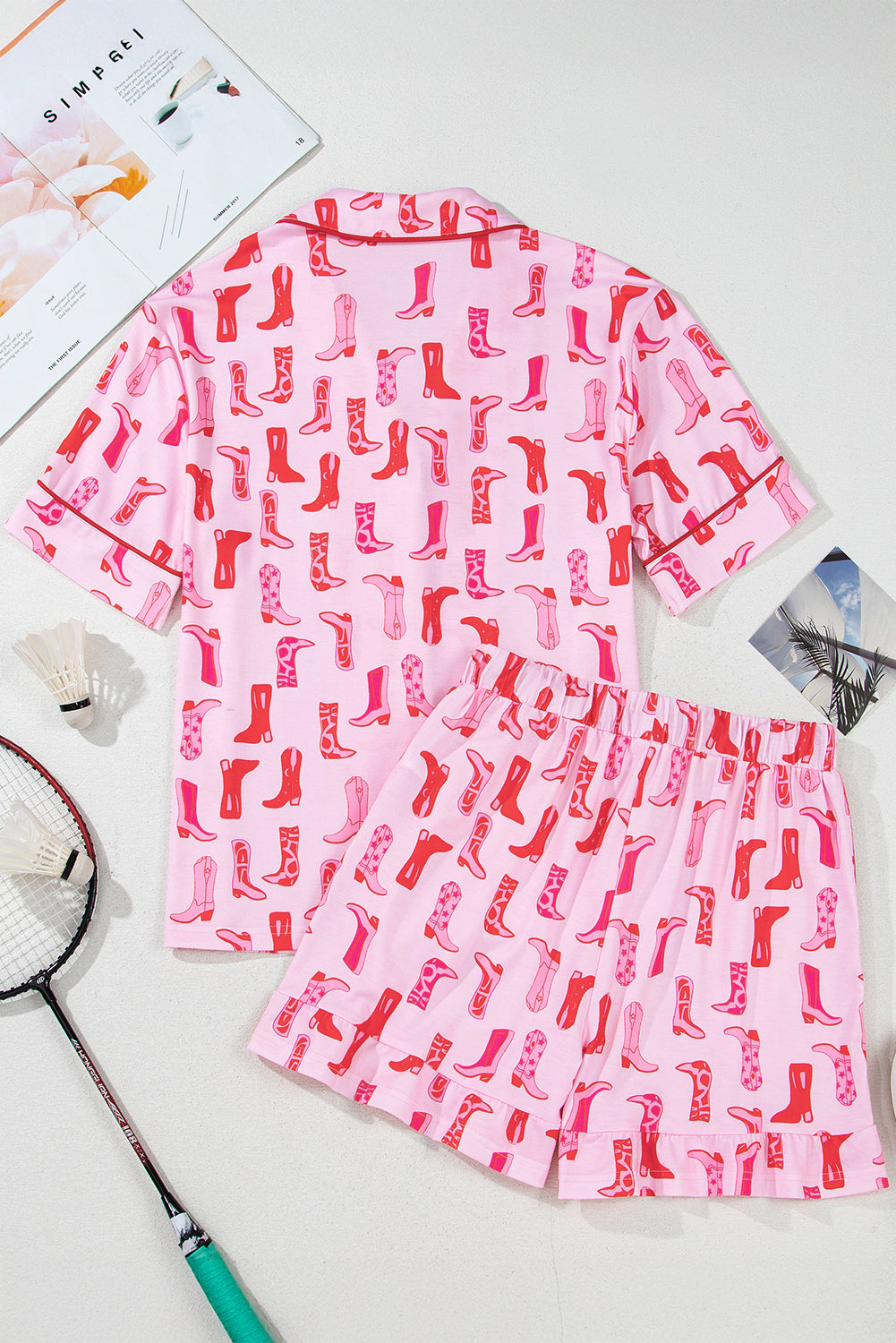 Pink Western Cowgirl Boots Printed Shirt Ruffled Shorts Pajama Set