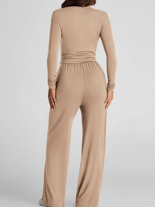 Round Neck Long Sleeve Top and Pants Set