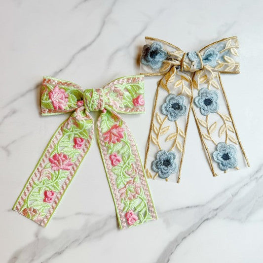 Floral Embroidered Bow Hair Clip – Cottagecore Ribbon Hair Accessory