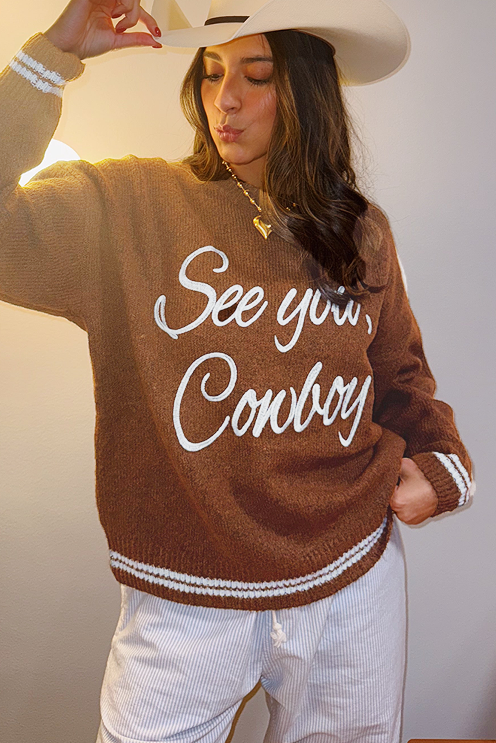 Peach Blossom Letter Embroidered Graphic Sweater