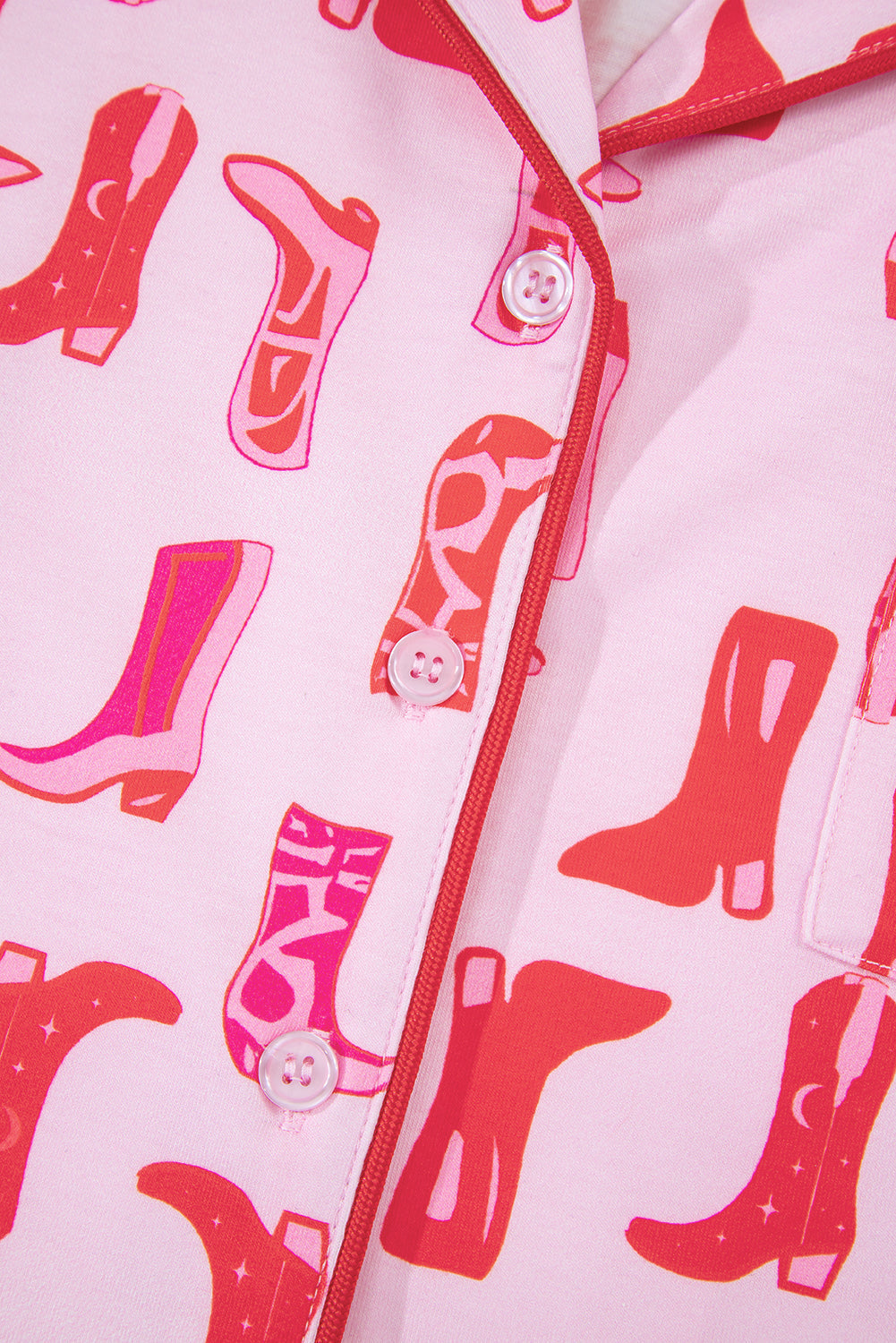 Pink Western Cowgirl Boots Printed Shirt Ruffled Shorts Pajama Set