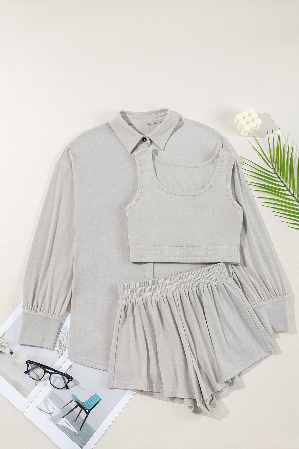 Gray Shirred Hem Crop Tank Top Loose Shorts Cardigan 3 Piece Pajama Set