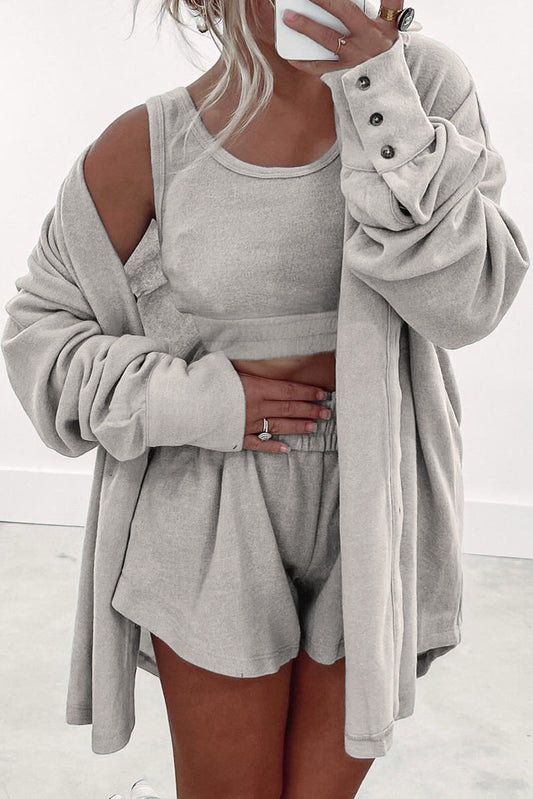 Gray Shirred Hem Crop Tank Top Loose Shorts Cardigan 3 Piece Pajama Set