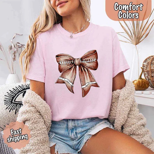 Comfort Colors Vintage Football Bow T-Shirt – Cute Game Day Tee for Women