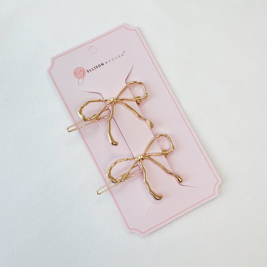 Wobbly Gold Metal Bow Hair Clip Set Of 2