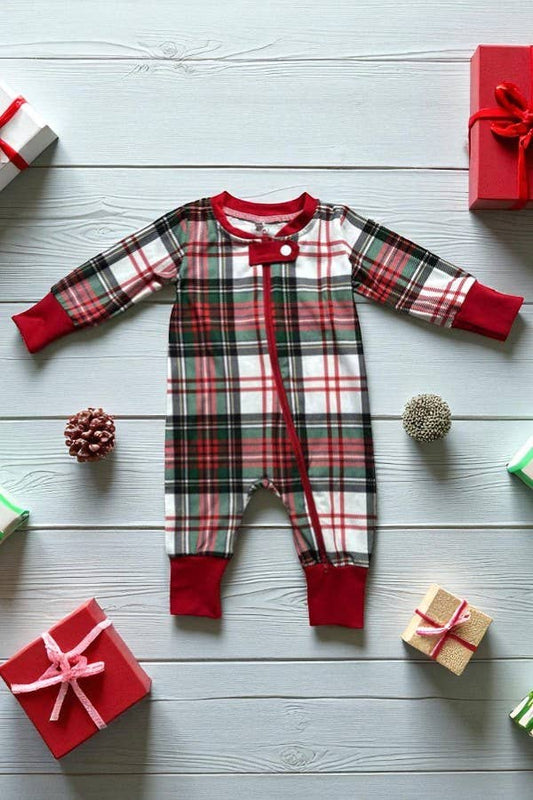 Red white green plaid long sleeve baby romper DLH2839