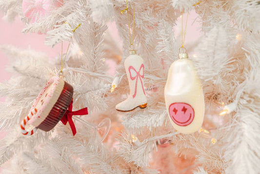 Cowboy Boot Christmas Ornament with Glitter Pink Bow