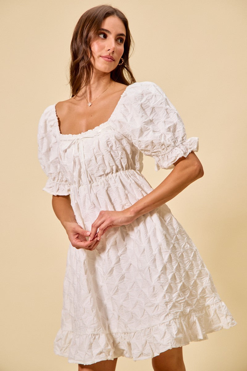SO ME Texture Woven Ruching On Bust Mini Dress in White