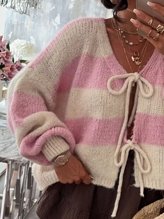 Striped Tie-Front Knit Cardigan