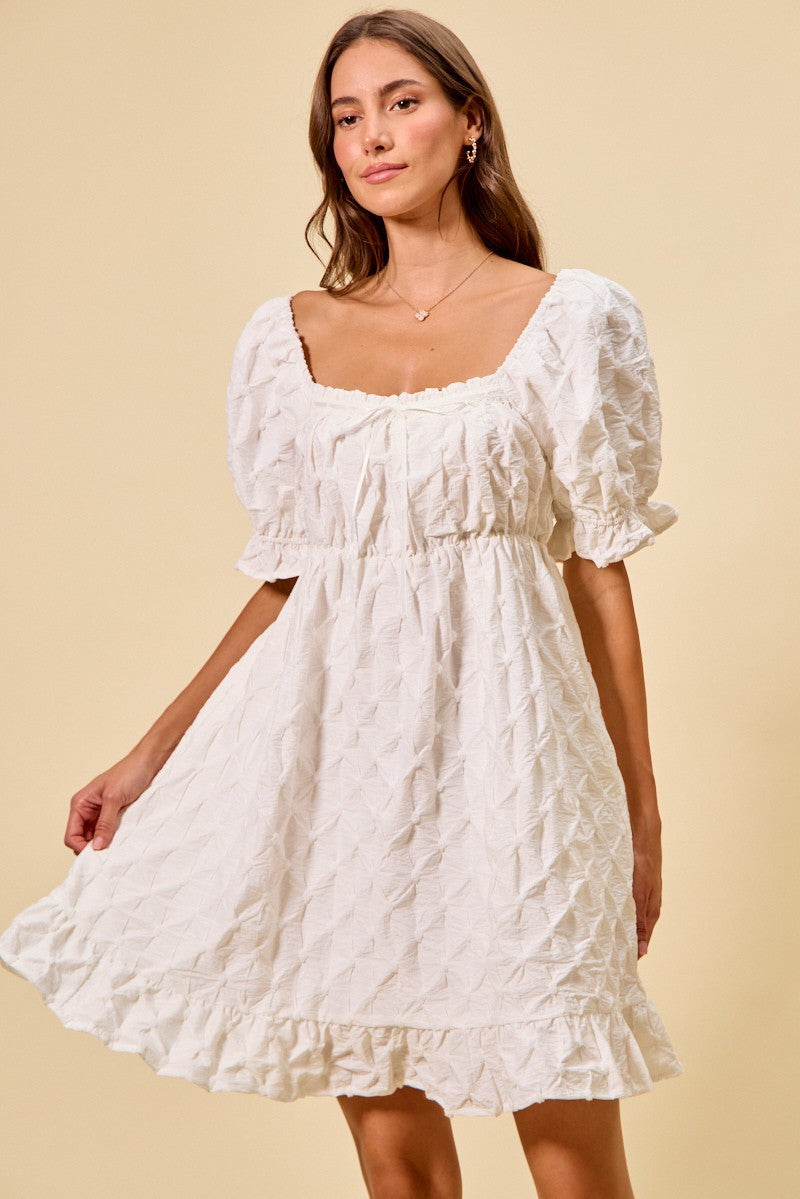 SO ME Texture Woven Ruching On Bust Mini Dress in White