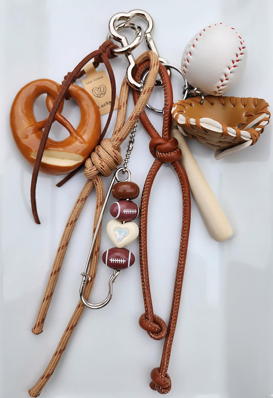 Sports & Snack Lover's Delight Bag Charm - Baseball, Football, and Pretzel Keychain