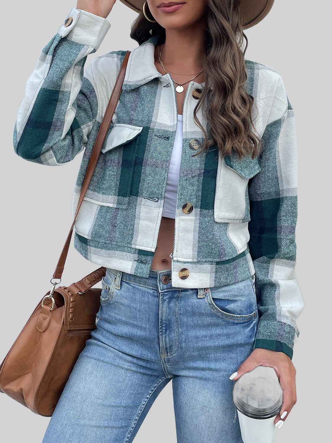 Perfee Plaid Button Up Drop Shoulder Cropped Jacket