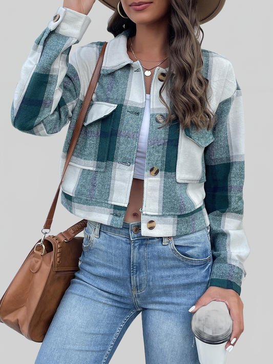 Perfee Plaid Button Up Drop Shoulder Cropped Jacket